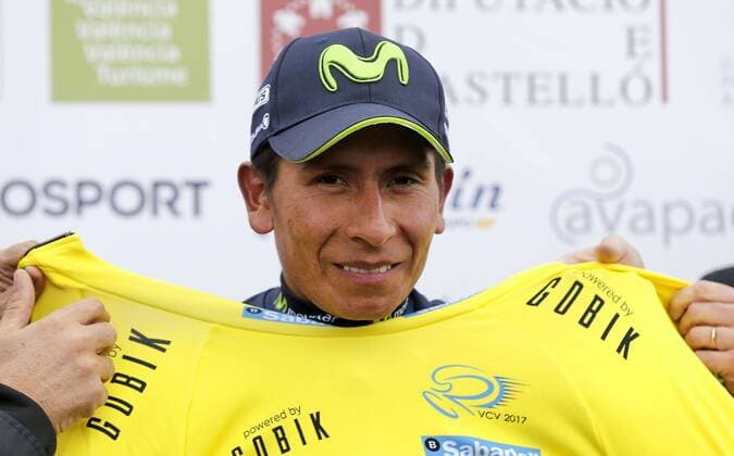 Colombian cyclist Nairo Quintana, of Movistar team, wears the overall leader yellow maillot on podium after winning the fourth stage of the 68th Volta a la Comunitat Valenciana cycling race in Lucena del Cid, Castellon, eastern Spain, 04 February 2017. The 180 km stage was held between the towns of Segorbe and Lucena del Cid. Fourth stage of 68th Volta a la Comunidat Valenciana cycling race !ACHTUNG: NUR REDAKTIONELLE NUTZUNG!  20170204-636218243533495163