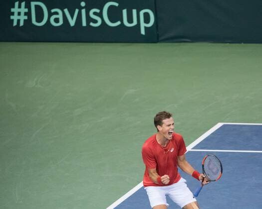 February 5, 2017 - Ottawa, Ontario, Canada - OTTAWA, ON - FEBRUARY 5: Vasek Pospisil of Canada in action during his singles match against Daniel Evans on day three of the Davis Cup World Group tie between Canada and Great Britain at TD Place Arena on February 5, 2017 in Ottawa, Ontario, Canada. Tennis: Canada v GB: Davis Cup by BNP Paribas World Group First Round - ZUMAk120 20170205_zap_k120_033 Copyright: xStevexKingsmanx