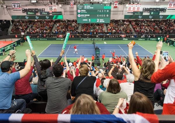 February 5, 2017 - Ottawa, Ontario, Canada - OTTAWA, ON - FEBRUARY 5: Vasek Pospisil of Canada celebrates after winning his singles match against Daniel Evans on day three of the Davis Cup World Group tie between Canada and Great Britain at TD Place Arena on February 5, 2017 in Ottawa, Ontario, Canada. Tennis: Canada v GB: Davis Cup by BNP Paribas World Group First Round - ZUMAk120 20170205_zap_k120_041 Copyright: xStevexKingsmanx