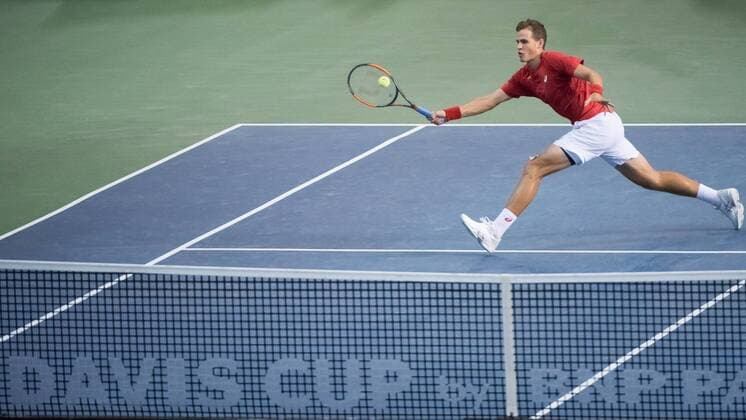 February 5, 2017 - Ottawa, Ontario, Canada - OTTAWA, ON - FEBRUARY 5: Vasek Pospisil of Canada in action during his singles match against Daniel Evans on day three of the Davis Cup World Group tie between Canada and Great Britain at TD Place Arena on February 5, 2017 in Ottawa, Ontario, Canada. Tennis: Canada v GB: Davis Cup by BNP Paribas World Group First Round - ZUMAk120 20170205_zap_k120_043 Copyright: xStevexKingsmanx