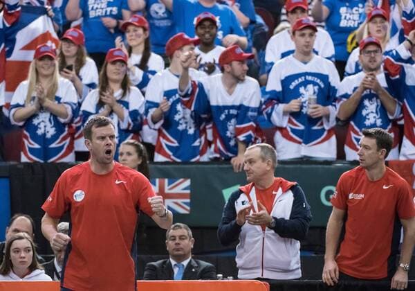 February 5, 2017 - Ottawa, Ontario, Canada - OTTAWA, ON - FEBRUARY 5: Great Britain team captain Leon Smith celebrates a winning Daniel Evans point during the singles match against Denis Shapovalov of Canada on day three of the Davis Cup World Group tie between Canada and Great Britain at TD Place Arena on February 5, 2017 in Ottawa, Ontario, Canada. Tennis: Canada v GB: Davis Cup by BNP Paribas World Group First Round - ZUMAk120 20170205_zap_k120_050 Copyright: xStevexKingsmanx