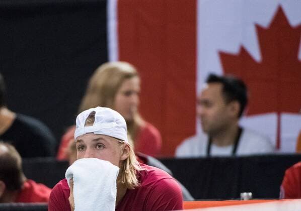 February 5, 2017 - Ottawa, Ontario, Canada - OTTAWA, ON - FEBRUARY 5: Denis Shapovalov of Canada looks on during his singles Davis Cup World Group tie between Canada and Great Britain at TD Place Arena on February 5, 2017 in Ottawa, Ontario, Canada. Tennis: Canada v GB: Davis Cup by BNP Paribas World Group First Round - ZUMAk120 20170205_zap_k120_059 Copyright: xStevexKingsmanx