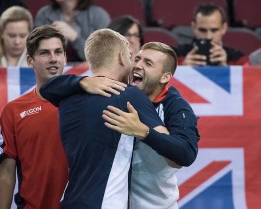 February 5, 2017 - Ottawa, Ontario, Canada - OTTAWA, ON - FEBRUARY 5: Kyle Edmund of Great Britain celebrates with Daniel Evans after winning his singles match against Denis Shapovalov of Canada on day three of the Davis Cup World Group tie between Canada and Great Britain at TD Place Arena on February 5, 2017 in Ottawa, Ontario, Canada. Tennis: Canada v GB: Davis Cup by BNP Paribas World Group First Round - ZUMAk120 20170205_zap_k120_062 Copyright: xStevexKingsmanx