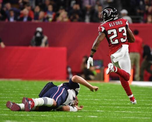 Atlanta Falcons cornerback Robert Alford (23) takes off with an intercepted New England Patriots quarterback Tom Brady pass en route to a pick six in the second quarter of Super Bowl LI at NRG Stadium in Houston on February 5, 2017. Alford took the interception 82 yards for the TD.  SBP20170205431 KEVINxDIETSCH