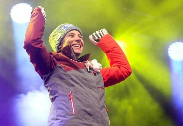 ALPINE SKIING - FIS Ski WC St. Moritz SANKT MORITZ,SWITZERLAND,07.FEB.17 - ALPINE SKIING - FIS Alpine World Ski Championships, Super G, ladies, award ceremony. Image shows the rejoicing of Nicole Schmidhofer (AUT). GEPAxpictures xChristianxWalgram
