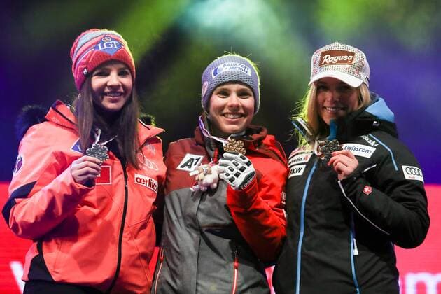ALPINE SKIING - FIS Ski WC St. Moritz SANKT MORITZ,SWITZERLAND,07.FEB.17 - ALPINE SKIING - FIS Alpine World Ski Championships, Super G, ladies, award ceremony. Image shows Tina Weirather (LIE), Nicole Schmidhofer (AUT) and Lara Gut (SUI). Keywords: medal. GEPAxpictures xMarioxKneisl
