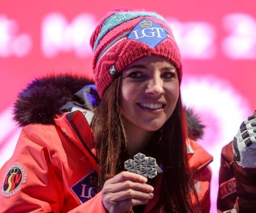 ALPINE SKIING - FIS Ski WC St. Moritz SANKT MORITZ,SWITZERLAND,07.FEB.17 - ALPINE SKIING - FIS Alpine World Ski Championships, Super G, ladies, award ceremony. Image shows Tina Weirather (LIE). Keywords: medal. GEPAxpictures xMarioxKneisl