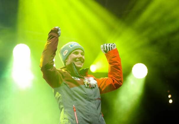 ALPINE SKIING - FIS Ski WC St. Moritz SANKT MORITZ,SWITZERLAND,07.FEB.17 - ALPINE SKIING - FIS Alpine World Ski Championships, Super G, ladies, award ceremony. Image shows the rejoicing of Nicole Schmidhofer (AUT). GEPAxpictures xChristianxWalgram