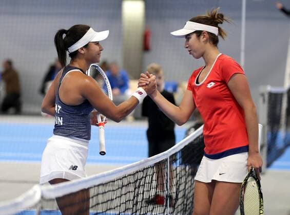 TENNIS - ITF, Fed Cup TALLINN,ESTONIA,08.FEB.17 - TENNIS - ITF, Fed Cup, Europe Africa Zone, Group 1. Image shows Heather Watson (GBR) and Ines Murta (POR). GEPAxpictures xWalterxLuger