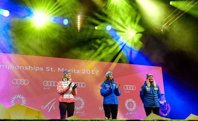 07, St. Moritz, SUI, FIS Weltmeisterschaften Ski Alpin, St. Moritz 2017, Super G, Damen, Siegerehrung, im Bild Viktoria Rebensburg (GER), Elena Curtoni (ITA), Ragnhild Mowinckel (NOR) Viktoria Rebensburg (GER), Elena Curtoni (ITA), Ragnhild Mowinckel (NOR) during the winner ceremony for the ladie s SuperG of the FIS Ski World Championships 2017. St. Moritz, Switzerland on 2017 02 07. St. Moritz EP_eri