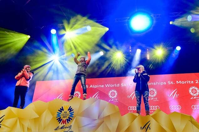 07, St. Moritz, SUI, FIS Weltmeisterschaften Ski Alpin, St. Moritz 2017, Super G, Damen, Siegerehrung, im Bild v.l.Tina Weirather (LIE, Silbermedaille), Nicole Schmidhofer (AUT, Weltmeisterin), Lara Gut (SUI, Bronzemedaille) v.l.Tina Weirather (LIE, Silbermedaille), Nicole Schmidhofer (AUT, Weltmeisterin), Lara Gut (SUI, Bronzemedaille) during the winner ceremony for the ladie s SuperG of the FIS Ski World Championships 2017. St. Moritz, Switzerland on 2017 02 07. St. Moritz EP_eri