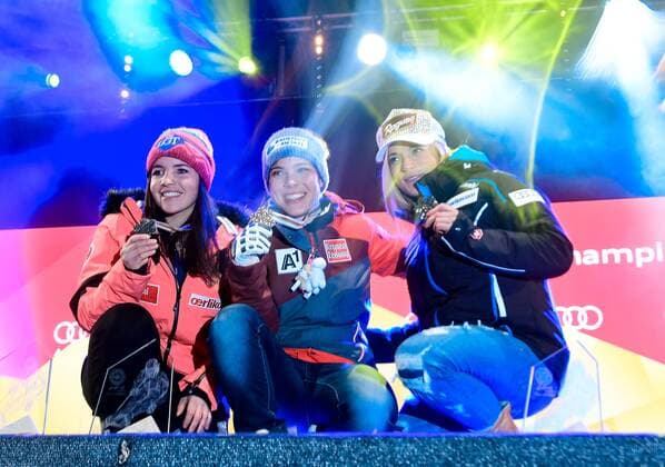 07, St. Moritz, SUI, FIS Weltmeisterschaften Ski Alpin, St. Moritz 2017, Super G, Damen, Siegerehrung, im Bild v.l.Tina Weirather (LIE, Silbermedaille), Nicole Schmidhofer (AUT, Weltmeisterin), Lara Gut (SUI, Bronzemedaille) v.l.Tina Weirather (LIE, Silbermedaille), Nicole Schmidhofer (AUT, Weltmeisterin), Lara Gut (SUI, Bronzemedaille) during the winner ceremony for the ladie s SuperG of the FIS Ski World Championships 2017. St. Moritz, Switzerland on 2017 02 07. St. Moritz EP_eri