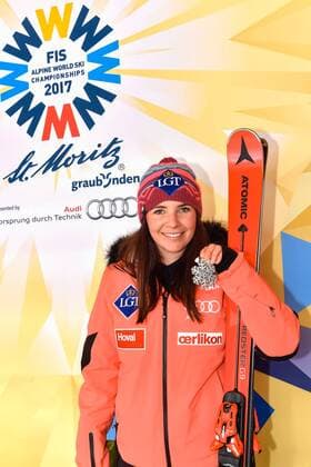 07.02.2017, St. Moritz, SUI, FIS Weltmeisterschaften Ski Alpin, St. Moritz 2017, Super G, Damen, Medaillen, im Bild Tina Weirather (LIE, Silbermedaille) silver Medal winner Tina Weirather of Liechtenstein poses with her silver medal after the ladie s SuperG of the FIS Ski World Championships 2017. St. Moritz, Switzerland on 2017 02 07. St. Moritz EP_mor