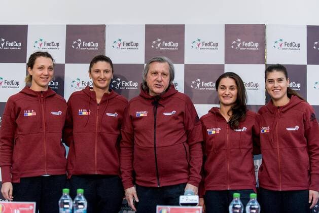 Tennis - FED Cup by BNP 2017 game between Romania si Belgium February 2017 February 8, 2017: From left to right: Patricia Tig, Irina Begu, Ilie Nastase, Monica Niculescu and sorana Cirstea during the FED Cup by BNP 2017 game between Romania si Belgium at Sala Polivalenta, Bucuresti, Romania ROU. Foto: CronosFoto Catalin Soare