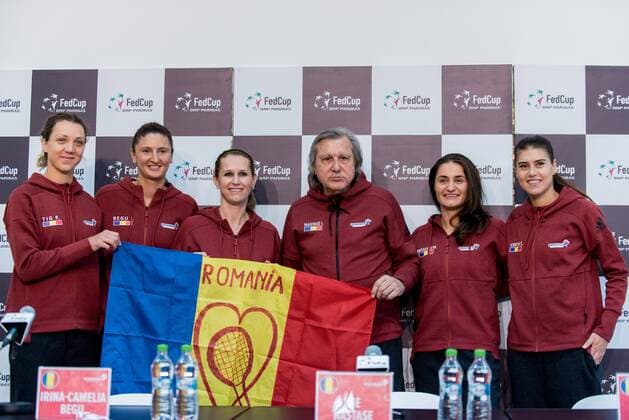 Tennis - FED Cup by BNP 2017 game between Romania si Belgium February 2017 February 8, 2017: From left to right: Patricia Tig, Irina Begu, Alina Tecsor, Ilie Nastase, Monica Niculescu and sorana Cirstea during the FED Cup by BNP 2017 game between Romania si Belgium at Sala Polivalenta, Bucuresti, Romania ROU. Foto: CronosFoto Catalin Soare