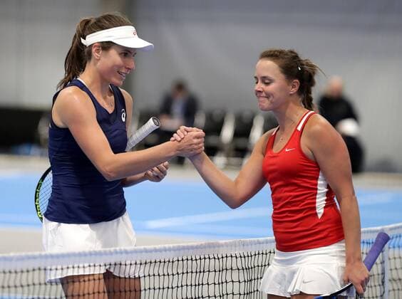 TENNIS - ITF, Fed Cup TALLINN,ESTONIA,08.FEB.17 - TENNIS - ITF, Fed Cup, Europe Africa Zone, Group 1. Image shows Johanna Konta (GBR) and Michelle Larcher de Brito (POR). GEPAxpictures xWalterxLuger