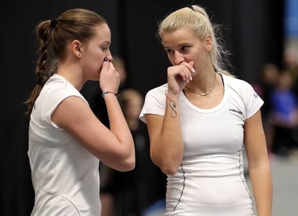 TENNIS - ITF, Fed Cup TALLINN,ESTONIA,08.FEB.17 - TENNIS - ITF, Fed Cup, Europe Africa Zone, Group 1. Image shows Anita Husaric and Dea Herdzelas (BIH). GEPAxpictures xWalterxLuger