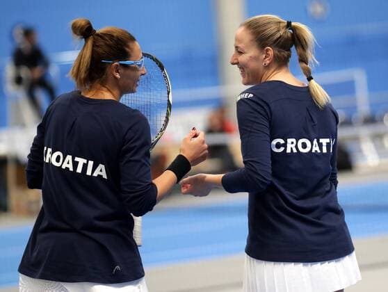TENNIS - ITF, Fed Cup TALLINN,ESTONIA,08.FEB.17 - TENNIS - ITF, Fed Cup, Europe Africa Zone, Group 1. Image shows Darija Jurak and Tena Lukas (CRO). GEPAxpictures xWalterxLuger