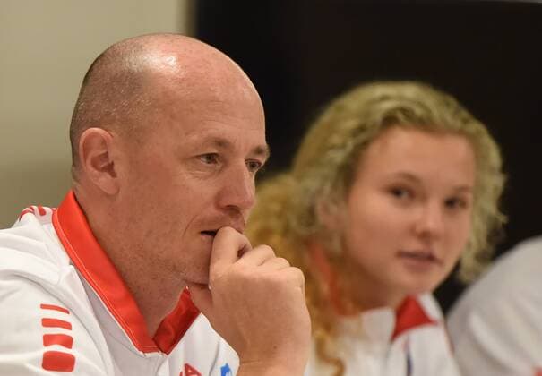 From left Czech tennis non-playing captain Petr Pala and tennis player Katerina Siniakova speak during the press conference PK Pressekonferenz prior to the first round 2017 Fed Cup in Ostrava, Czech Republic, February 8, 2017. (CTKxPhoto JaroslavxOzana) CTKPhotoP201702080747101  jao 8