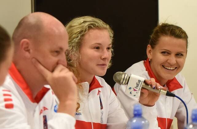 From left non-playing captain Petr Pala and Czech tennis players Katerina Siniakova and Lucie Safarova speak during the press conference PK Pressekonferenz prior to the first round 2017 Fed Cup in Ostrava, Czech Republic, February 8, 2017. (CTKxPhoto JaroslavxOzana) CTKPhotoP201702080788001  jao 12 k