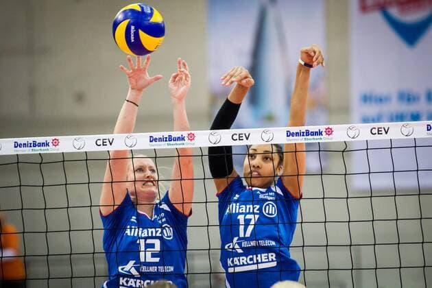 Block Doppelblock Deborah van Daelen (12 MTV) und Nia Grant (17 MTV); 2017 CEV Volleyball Cup: Allianz MTV Stuttgart vs Agel Prostejov, SCHARRena, Stuttgart Germany, 20170208; Stuttgart Copyright: xWuechnerx xEibner-Pressefotox EP_nwr
