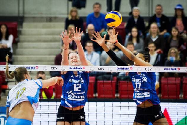 Block Doppelblock Deborah van Daelen (12 MTV) und Nia Grant (17 MTV); 2017 CEV Volleyball Cup: Allianz MTV Stuttgart vs Agel Prostejov, SCHARRena, Stuttgart Germany, 20170208; Stuttgart Copyright: xWuechnerx xEibner-Pressefotox EP_nwr
