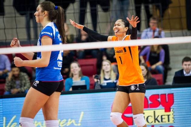 Jubel Wanna Buakaew (1 MTV); 2017 CEV Volleyball Cup: Allianz MTV Stuttgart vs Agel Prostejov, SCHARRena, Stuttgart Germany, 20170208; Stuttgart Copyright: xWuechnerx xEibner-Pressefotox EP_nwr