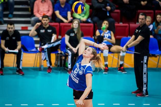 Angriff Deborah van Daelen (12 MTV); 2017 CEV Volleyball Cup: Allianz MTV Stuttgart vs Agel Prostejov, SCHARRena, Stuttgart Germany, 20170208; Stuttgart Copyright: xWuechnerx xEibner-Pressefotox EP_nwr