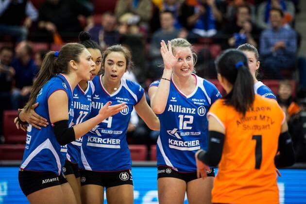 Jubel Geste Michaela Mljenkova (16 MTV), Nia Grant (17 MTV), Valerie Nichol (4 MTV), Deborah van Daelen (12 MTV); 2017 CEV Volleyball Cup: Allianz MTV Stuttgart vs Agel Prostejov, SCHARRena, Stuttgart Germany, 20170208; Stuttgart Copyright: xWuechnerx xEibner-Pressefotox EP_nwr