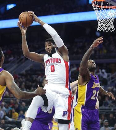 February 8, 2017 - Auburn Hills, MI, USA - The Detroit Pistons Andre Drummond (8) rebounds against the Los Angeles Lakers Tarik Black in the first period on Wednesday, Feb. 8, 2017, at the Palace of Auburn Hills, Mich. LA Lakers at Detroit - ZUMAm67_ 20170208_zaf_m67_016 Copyright: xKirthmonxF.xDozierx