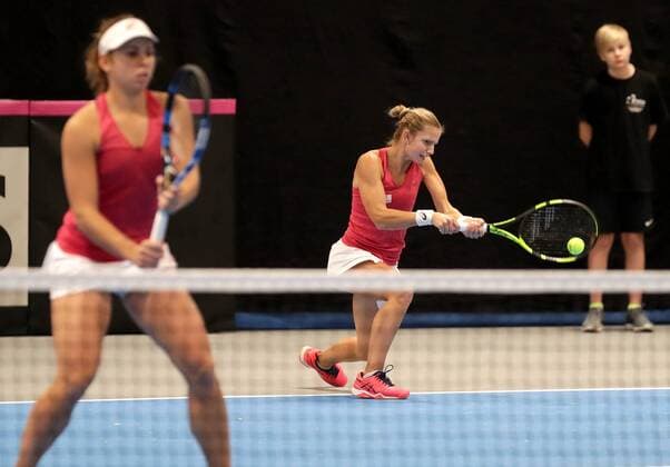 TENNIS - ITF, Fed Cup TALLINN,ESTONIA,09.FEB.17 - TENNIS - ITF, Fed Cup, Europe Africa Zone II, Group 1. Image shows Julia Grabher and Barbara Haas (AUT). GEPAxpictures xWalterxLuger