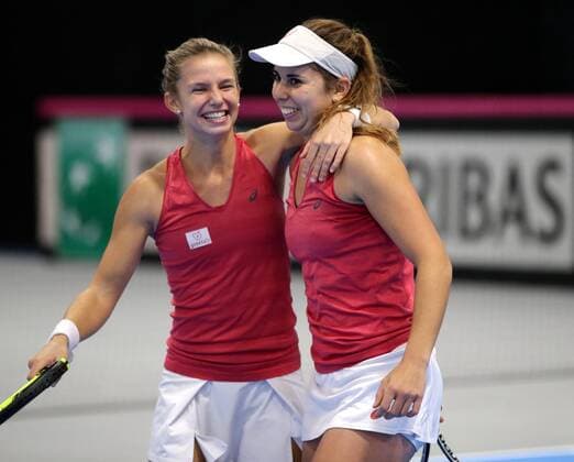 TENNIS - ITF, Fed Cup TALLINN,ESTONIA,09.FEB.17 - TENNIS - ITF, Fed Cup, Europe Africa Zone II, Group 1. Image shows the rejoicing of Barbara Haas and Julia Grabher (AUT). GEPAxpictures xWalterxLuger