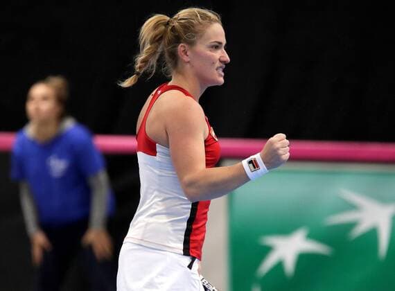 TENNIS - ITF, Fed Cup TALLINN,ESTONIA,10.FEB.17 - TENNIS - ITF, Fed Cup, Europe Africa Zone II, Group 1. Image shows the rejoicing of Timea Babos (HUN). GEPAxpictures xWalterxLuger