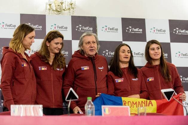 Tennis - press conference PK Pressekonferenz held at the drawing ceremony before FED Cup by BNP 2017 game between Romania and Belgium February 2017 February 10, 2017: From left to right: Patricia Tig (ROU), Irina Begu (ROU), Ilie Nastase the team captain of Romania, Monica Niculescu (ROU) and Sorana Cirstea (ROU) during the Press conference held at the drawing ceremony before FED Cup by BNP 2017 game between Romania and Belgium at Hotel Intercontinental, Bucharest, Romania ROU. Foto: CronosFoto Catalin Soare