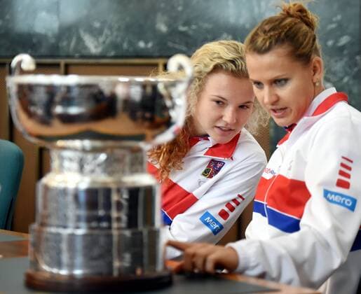 Barbora Strycova and Garbine Muguruza will meet in the first tennis match of the Fed Cup 1st round tie between the Czech Republic and Spain on Saturday, lots decided in Prague, Czech Republic, February 10, 2017. The second women s singles match will be played by Karolina Pliskova and Lara Arruabarrena. On Sunday, Strycova will meet Arruabarrena and Pliskova will meet Muguruza. For the doubles match, the Czechs nominated Lucie Safarova (right) and Katerina Siniakova (left) , the Spaniards Sara Sorribes and Maria Jose Martinez. (CTKxPhoto JaroslavxOzana) CTKPhotoP201702100670601  jao 5