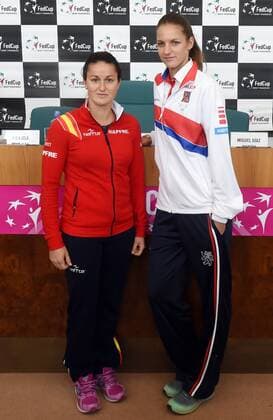 Barbora Strycova and Garbine Muguruza will meet in the first tennis match of the Fed Cup 1st round tie between the Czech Republic and Spain on Saturday, lots decided in Prague, Czech Republic, February 10, 2017. The second women s singles match will be played by Karolina Pliskova (right) and Lara Arruabarrena (left). On Sunday, Strycova will meet Arruabarrena and Pliskova will meet Muguruza. For the doubles match, the Czechs nominated Lucie Safarova and Katerina Siniakova, the Spaniards Sara Sorribes and Maria Jose Martinez. (CTKxPhoto JaroslavxOzana) CTKPhotoP201702100775501  jao 14