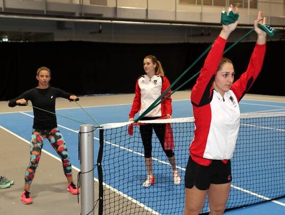 TENNIS - ITF, Fed Cup TALLINN,ESTONIA,10.FEB.17 - TENNIS - ITF, Fed Cup, Europe Africa Zone II, Group 1, training. Image shows Barbara Haas, Pia Koenig and Tamira Paszek (AUT). GEPAxpictures xWalterxLuger