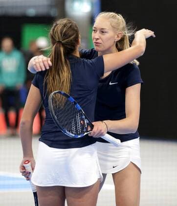 TENNIS - ITF, Fed Cup TALLINN,ESTONIA,10.FEB.17 - TENNIS - ITF, Fed Cup, Europe Africa Zone II, Group 1. Image shows the rejoicing of Laura Robson and Jocelyn Rae (GBR). GEPAxpictures xWalterxLuger