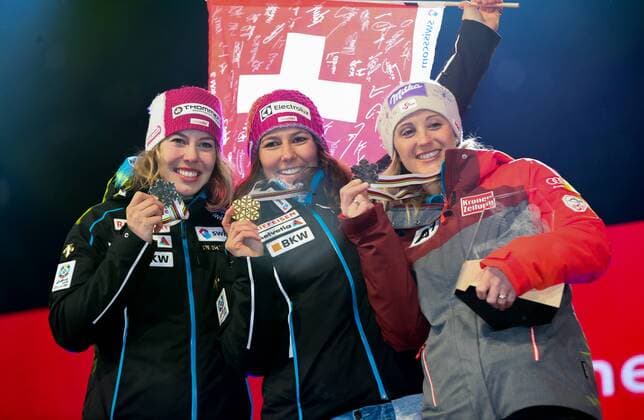 ALPINE SKIING - FIS Ski WC St. Moritz SANKT MORITZ,SWITZERLAND,10.FEB.17 - ALPINE SKIING - FIS Alpine World Ski Championships, alpine combined, ladies, award ceremony. Image shows Michelle Gisin, Wendy Holdener (SUI) and Michaela Kirchgasser (AUT). GEPAxpictures xChristianxWalgram