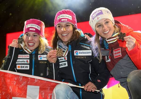ALPINE SKIING - FIS Ski WC St. Moritz SANKT MORITZ,SWITZERLAND,10.FEB.17 - ALPINE SKIING - FIS Alpine World Ski Championships, alpine combined, ladies, award ceremony. Image shows Michelle Gisin, Wendy Holdener (SUI) and Michaela Kirchgasser (AUT). GEPAxpictures xChristianxWalgram