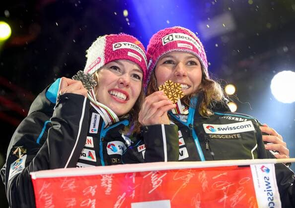 ALPINE SKIING - FIS Ski WC St. Moritz SANKT MORITZ,SWITZERLAND,10.FEB.17 - ALPINE SKIING - FIS Alpine World Ski Championships, alpine combined, ladies, award ceremony. Image shows Michelle Gisin and Wendy Holdener (SUI). GEPAxpictures xChristianxWalgram