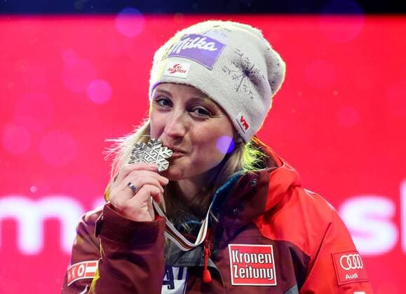 ALPINE SKIING - FIS Ski WC St. Moritz SANKT MORITZ,SWITZERLAND,10.FEB.17 - ALPINE SKIING - FIS Alpine World Ski Championships, alpine combined, ladies, award ceremony. Image shows Michaela Kirchgasser (AUT). GEPAxpictures xChristianxWalgram