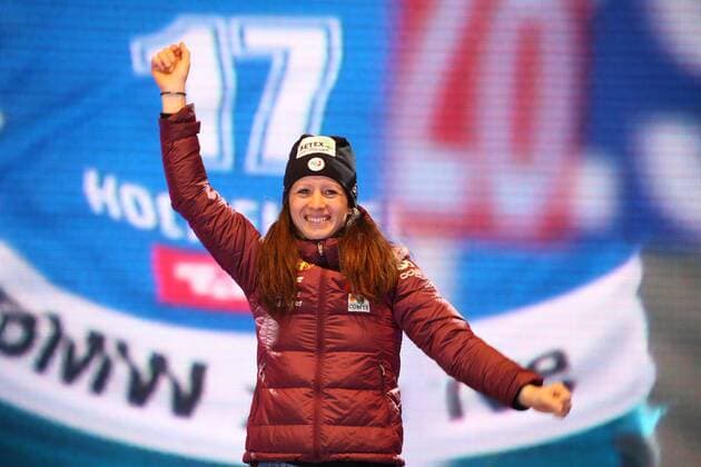 BIATHLON - IBU World Championships Hochfilzen HOCHFILZEN,AUSTRIA,10.FEB.17 - BIATHLON - IBU World Championships, 7.5km sprint, ladies, award ceremony. Image shows Anais Chevalier (FRA). GEPAxpictures xMathiasxMandl