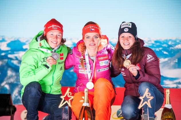 Laura DAHLMEIER (GER), Gabriela KOUKALOVA (CZE), Anais CHEVALIER (FRA). Oesterreich, Hochfilzen: Wintersport, Biathlon, IBU World Championships 2017 - 7,5km Sprint Damen am 10.02.2017, Biathlonstadion.
