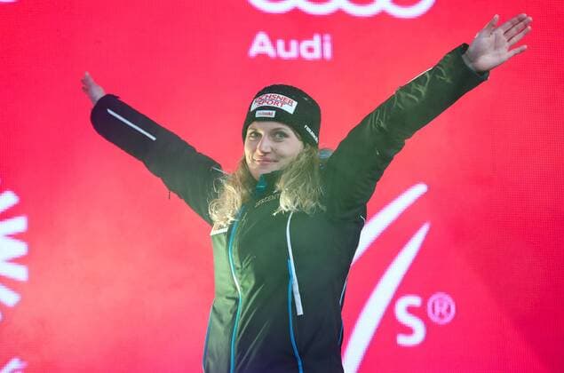 ALPINE SKIING - FIS Ski WC St. Moritz SANKT MORITZ,SWITZERLAND,10.FEB.17 - ALPINE SKIING - FIS Alpine World Ski Championships, alpine combined, award ceremony. Image shows the rejoicing of Denise Feierabend (SUI). GEPAxpictures xChristianxWalgram