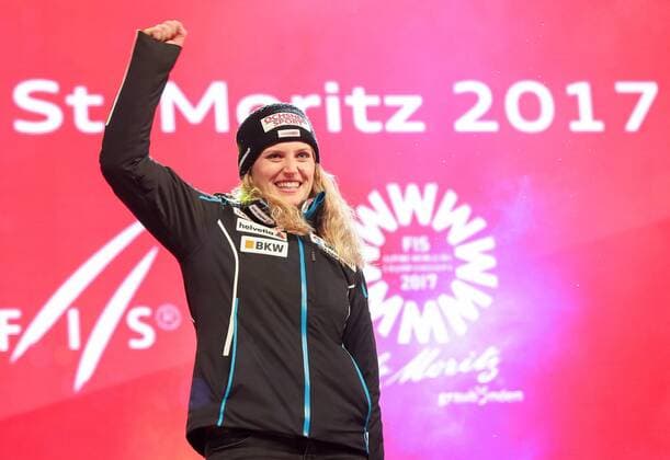 ALPINE SKIING - FIS Ski WC St. Moritz SANKT MORITZ,SWITZERLAND,10.FEB.17 - ALPINE SKIING - FIS Alpine World Ski Championships, alpine combined, award ceremony. Image shows the rejoicing of Denise Feierabend (SUI). GEPAxpictures xChristianxWalgram