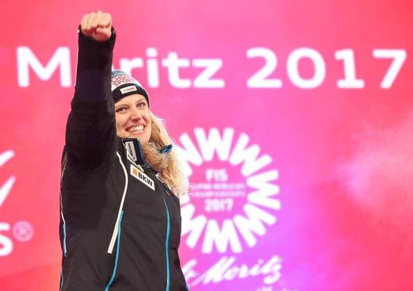 ALPINE SKIING - FIS Ski WC St. Moritz SANKT MORITZ,SWITZERLAND,10.FEB.17 - ALPINE SKIING - FIS Alpine World Ski Championships, alpine combined, award ceremony. Image shows the rejoicing of Denise Feierabend (SUI). GEPAxpictures xChristianxWalgram
