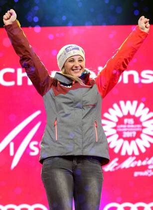 ALPINE SKIING - FIS Ski WC St. Moritz SANKT MORITZ,SWITZERLAND,10.FEB.17 - ALPINE SKIING - FIS Alpine World Ski Championships, alpine combined, award ceremony. Image shows the rejoicing of Michaela Kirchgasser (AUT). GEPAxpictures xChristianxWalgram