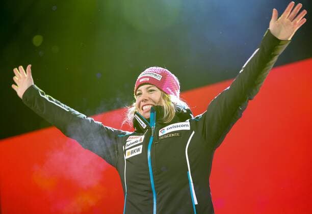 ALPINE SKIING - FIS Ski WC St. Moritz SANKT MORITZ,SWITZERLAND,10.FEB.17 - ALPINE SKIING - FIS Alpine World Ski Championships, alpine combined, award ceremony. Image shows the rejoicing of Michelle Gisin (SUI). GEPAxpictures xChristianxWalgram