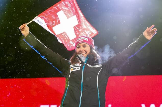 ALPINE SKIING - FIS Ski WC St. Moritz SANKT MORITZ,SWITZERLAND,10.FEB.17 - ALPINE SKIING - FIS Alpine World Ski Championships, alpine combined, award ceremony. Image shows the rejoicing of Wendy Holdener (SUI). GEPAxpictures xChristianxWalgram